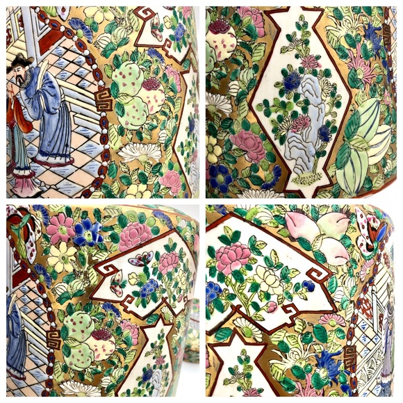 Huge Porcelain Canister Famille Rose Asian Figural Gold Gilt Floral Tea Caddy - Picture 9 of 15